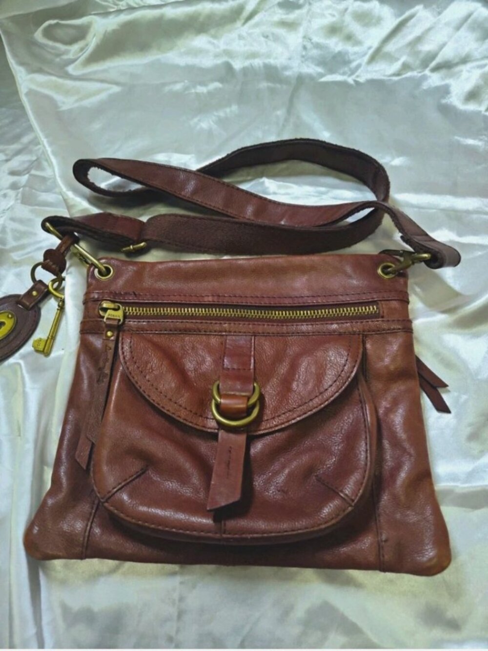 Vintage Fossil Brown Leather Sasha Crossbody Bag 11 x 9 in